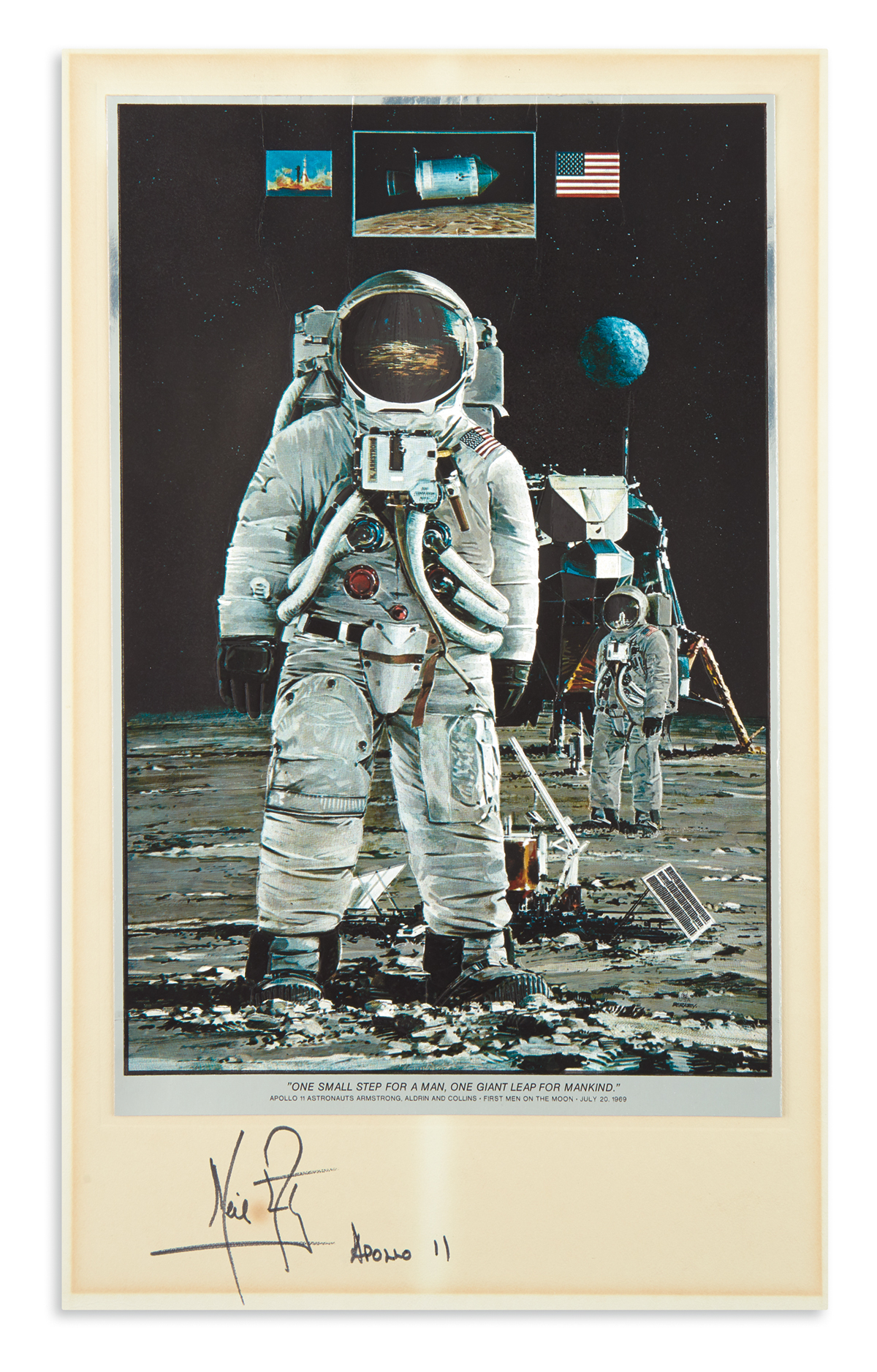 (ASTRONAUTS.) NEIL ARMSTRONG. Print Signed and Inscribed, Apollo 11, a color foil etching of a painting by John Berkey...